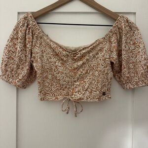 Roxy Cream Puff Sleeve Crop Top with Ruched Tie Front